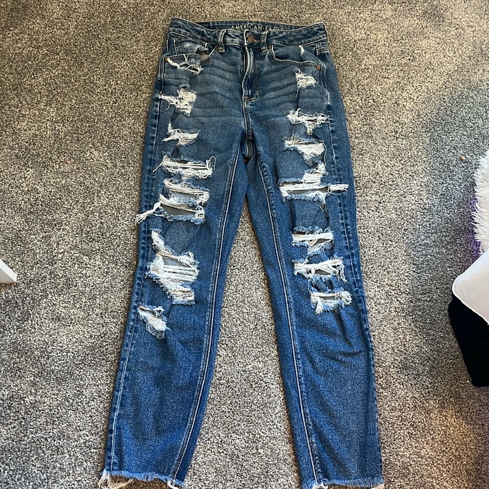 American Eagle Dark Wash Distressed Mom Jeans Size 6